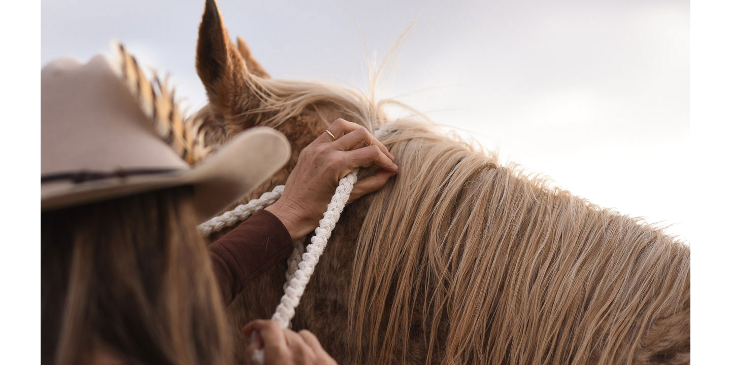 A woman wearing a tan cowboy hat tying a rope halter onto an appaloosa horse. 